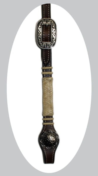 Policzek ogłowia western — srebrna klamra arabeska u góry, wstawka rawhide pleciona, kwiatowa concha antyczna u dołu — HorsePassion.pl