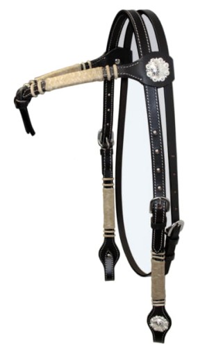 Ogłowie western futurity naczółek V surowa skóra rawhide kremowa — kryształowa concho srebrna na centrum, dots srebrne, ciemna czekoladowa skóra, białe przeszycia — Equi — HorsePassion.pl