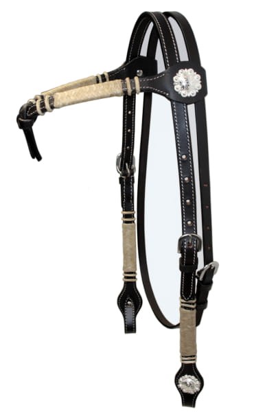 Ogłowie western futurity naczółek V surowa skóra rawhide kremowa — kryształowa concho srebrna na centrum, dots srebrne, ciemna czekoladowa skóra, białe przeszycia — Equi — HorsePassion.pl