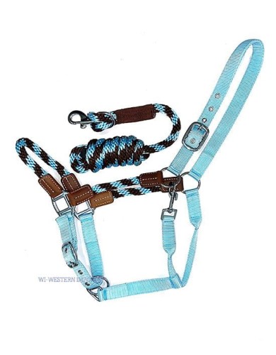 Kantar stajenny COB Western Imports niebieski royal ze skórzanymi wykończeniami — zestaw z plecionym uwiązem 3 m i karabińczykiem — HorsePassion.pl