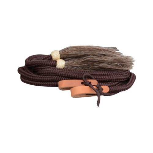 Wodze Split Reins nylonowe brązowe Westernwelt — okrągły splot nylon, chwosty naturalnego końskiego włosia, skórzane water loops, zwinięte 2,4 m