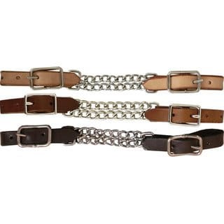 Łańcuszek curb chain Equi — trzy kolory skóry (jasny, kasztan, ciemny), podwójny łańcuch stalowy, srebrne klamry