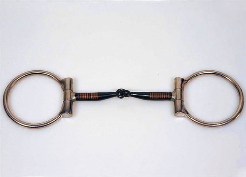 Snaffle Bit D-Ring Equi — miedziane nawijki copper wire na czarnym ścięgierzu, satynowe D-ringi solid cheek