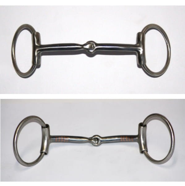 Snaffle Bit Partrade loose ring western — górny: owalne O-ringi bez miedzi; dolny: węższe O-ringi z miedzianymi nawijkami, 5"