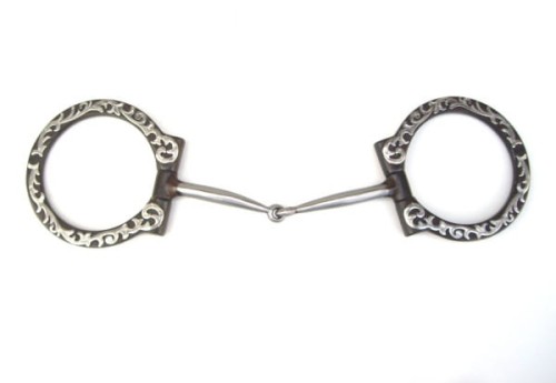 Snaffle Show Partrade — duże O-ringi z grawerowanym scrollwork antycznym (czarne/srebrne), solid cheek, cienki ścięgierz, 5"