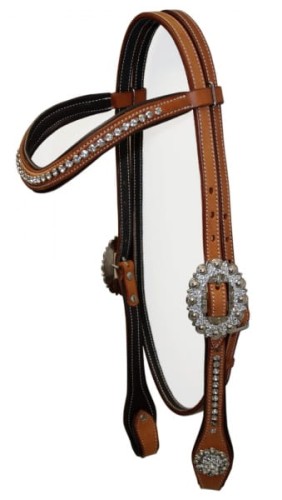 Ogłowie western anatomiczne SHOW kryształki — medium tan skóra, rząd rhinestones na naczółku, owalna klamra rhinestone, klastrowa concha Spanish-cut — HorsePassion.pl