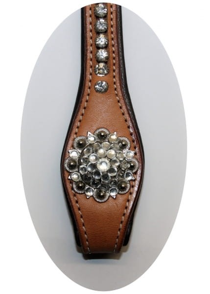 Spanish-cut końcówka policzka ogłowia western show — klastrowa concha rhinestone srebrna, rząd kryształków wzdłuż paska medium tan — HorsePassion.pl