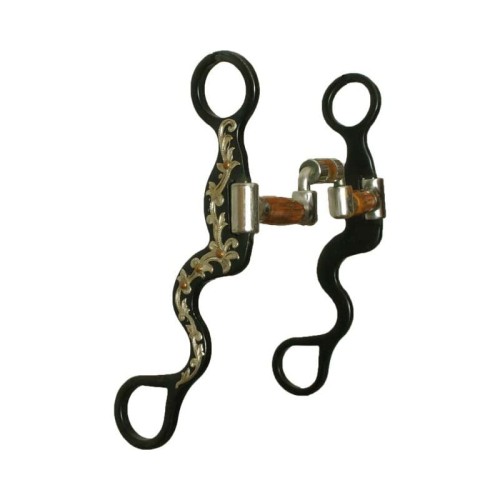 Czanka western Flower Avila mouthpiece — black iron S-czanki, asymetryczna nakładka floral silver/gold, miedziane rolki, port 2,5 cm