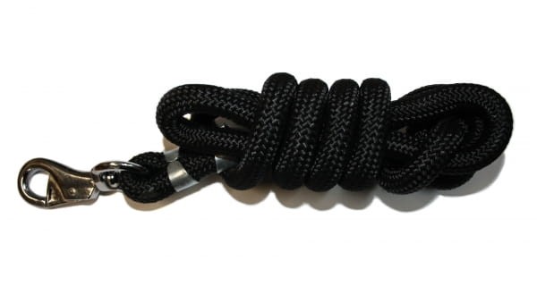 Uwiąz czarny Equi 210 cm zwinięty — karabińczyk bull snap chromowany z obrotową głowicą — HorsePassion.pl
