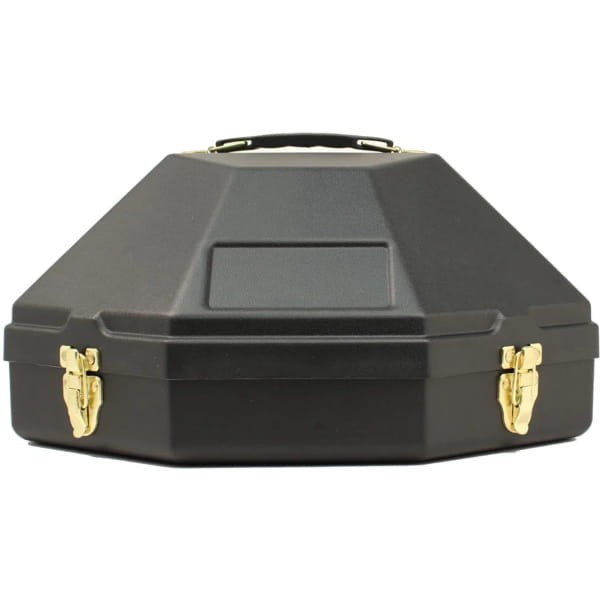 Twardy box na kapelusz westernowy Equi czarny — zamknięty, metalowe zatrzaski złote, uchwyt górny