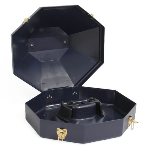 Twardy box na kapelusz westernowy Equi otwarty — wewnętrzna podstawka regulowana, metalowe zatrzaski, wnętrze ośmiokątne