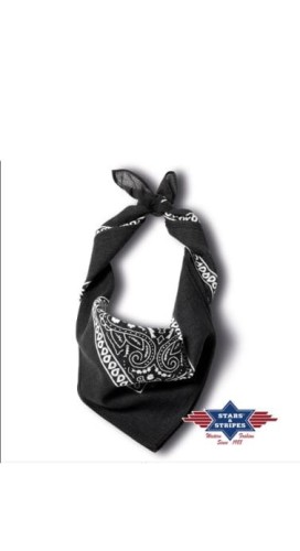 Bandana western paisley Stars & Stripes — czarna z białym wzorem paisley, zawiązana w węzeł, 54x54 cm 100% bawełna