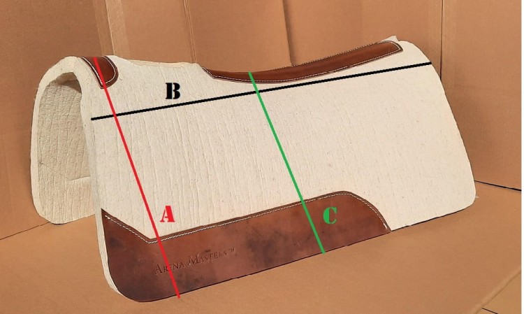Schemat wymiarów pada Arena Masters krótki — A=43 cm, B=72 cm, C=38 cm — HorsePassion.pl