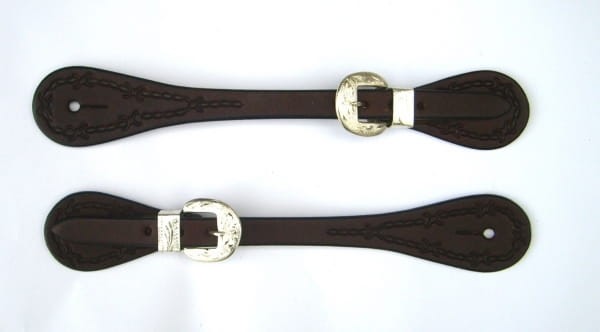 Paski do ostróg western wąskie — ciemna olejowana skóra chocolate, rope-braid border, posrebrzana grawerowana klamra