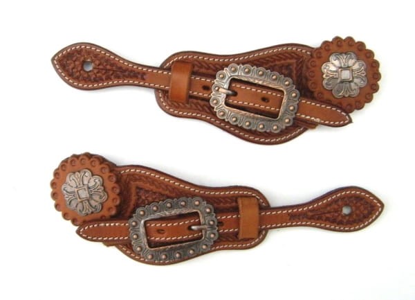 Paski do ostróg western Equi basket weave scalloped concho kwiatowe ozdobna klamra antyczna kasztan — HorsePassion.pl