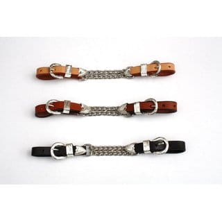 Łańcuszek pod czankę show Equi — trzy warianty kolorów skóry (jasny, kasztan, ciemny), podwójny łańcuch chromowany, srebrne sprzączki z grawerem