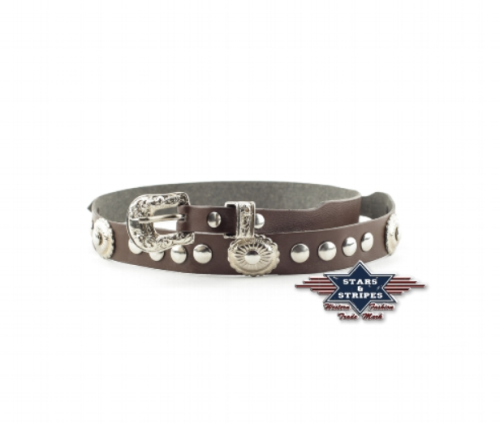 Skórzana opaska na kapelusz westernowy Stars & Stripes brązowa — srebrne concho i ćwieki, 3-częściowa klamra — HorsePassion.pl