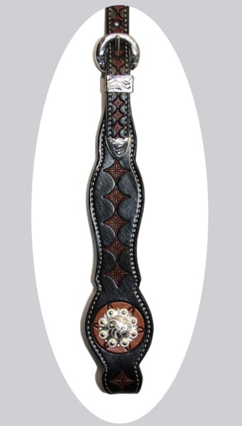 Bit end Equi cross diamond — okrągłe srebrne concho na brązowej rozetce, pełny widok policzka