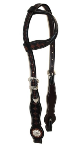 Ogłowie western jedno ucho Equi COB — czarna skóra cross diamond tooling, białe przeszycia, srebrna klamra, concho