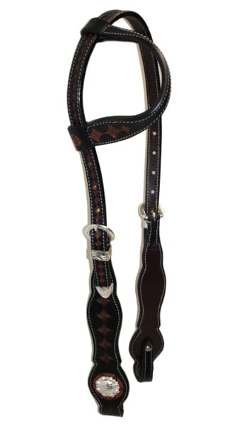 Ogłowie western jedno ucho Equi COB — czarna skóra cross diamond tooling, białe przeszycia, srebrna klamra, concho