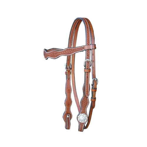 Ogłowie western basket tooling kolor jasny natural — scalloped policzki, concha rhinestone kryształki, srebrne klamry, białe przeszycia, rozmiar średni QH — HorsePassion.pl