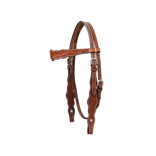 Ogłowie western flower tooling kolor kasztan medium brown — scalloped końcówki policzka, srebrne klamry gładkie, białe przeszycia — HorsePassion.pl