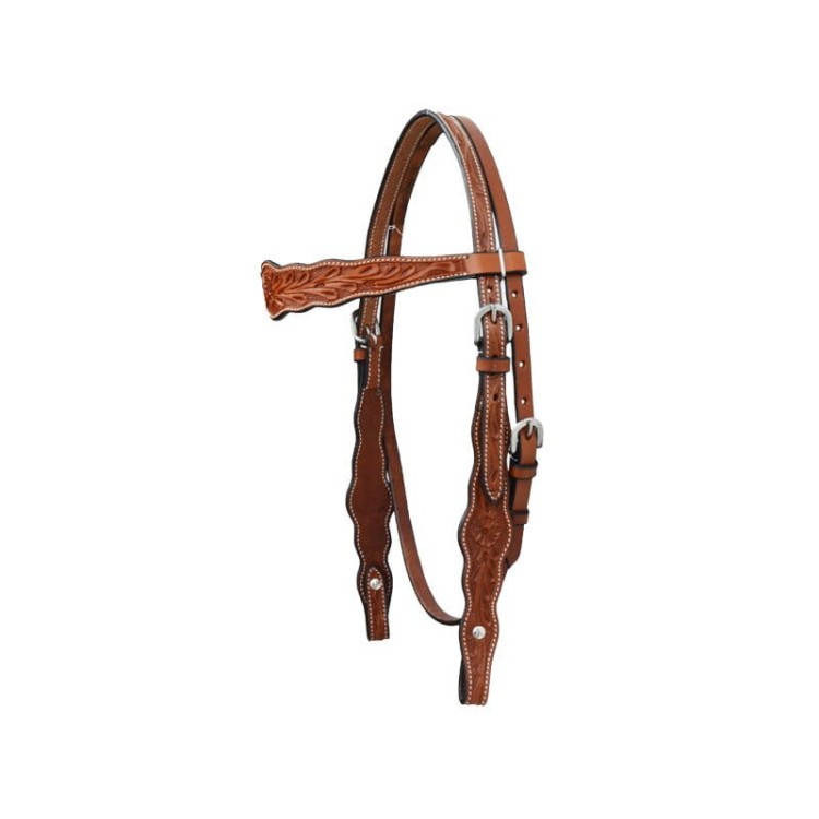 Ogłowie western flower tooling kolor kasztan medium brown — scalloped końcówki policzka, srebrne klamry gładkie, białe przeszycia — HorsePassion.pl