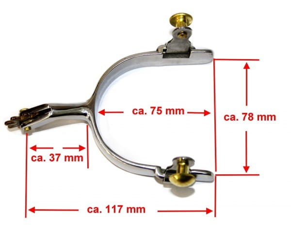 Wymiary ostróg Equi KS: 117 mm długość, 75 mm szerokość klamry, 37 mm shank, 78 mm wysokość