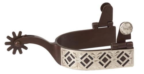Ostrogi western AHE ciemna stal brązowa, szeroka srebrna nakładka romby, gal leg shank, kryształek