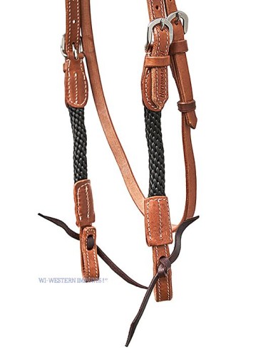 Zbliżenie policzków ogłowia western honey-nylon — czarna plecionka nylonowa wzdłuż policzków i wędzidła, srebrne klamry, skóra honey, latigo tie ends — HorsePassion.pl