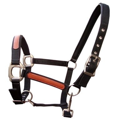 Kantar nylonowy ze skórzanym nachrapnikiem QH czarny — brązowa skóra na nosie, okucia antyczne złoto — HorsePassion.pl