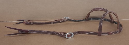 Ogłowie Bob Loomis split ear XL — widok płaski, klamra srebrna, skóra harness dark brown, końce na wiązanie