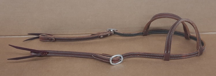 Ogłowie Bob Loomis split ear XL — widok płaski, klamra srebrna, skóra harness dark brown, końce na wiązanie