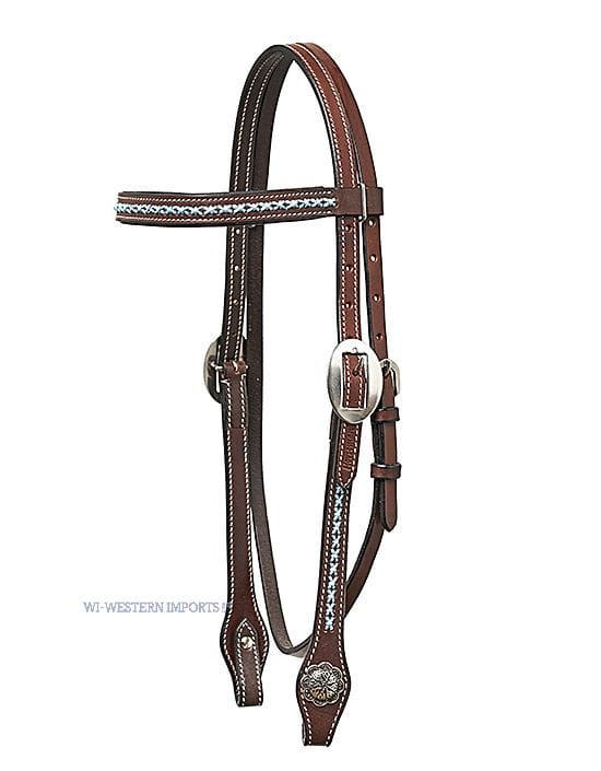 Ogłowie western Horseman's Tack prosty naczółek niebieski haft — ciemna skóra espresso, srebrne conchy, białe przeszycia, rozmiar COB — Western Imports — HorsePassion.pl