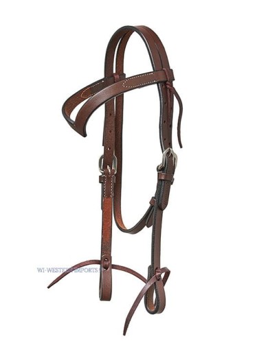 Ogłowie western pony z naczółkiem V ciemna olejowana skóra — srebrne klamry gładkie, kremowe przeszycia, końcówki latigo przy wędzidle — Western Imports Proline — HorsePassion.pl