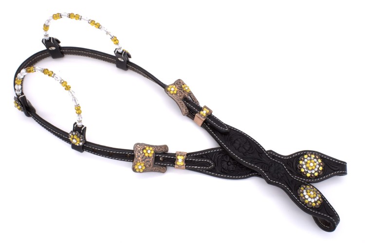 Ogłowie western two ear LpTrick SHOW czarne złote — koraliki kryształowe żółto-przezroczyste na naczółku, miedziane klamry arabeska z rhinestones, duże conche żółto-białe, COB — HorsePassion.pl