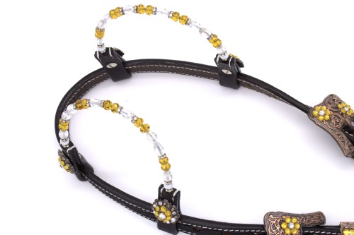 Zbliżenie naczółka ogłowia western two ear LpTrick — nawlekane koraliki kryształkowe żółte i przezroczyste naprzemiennie, miedziane klamry z żółtymi rhinestones — HorsePassion.pl