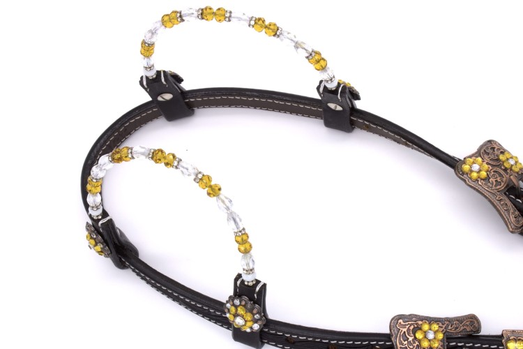 Zbliżenie naczółka ogłowia western two ear LpTrick — nawlekane koraliki kryształkowe żółte i przezroczyste naprzemiennie, miedziane klamry z żółtymi rhinestones — HorsePassion.pl
