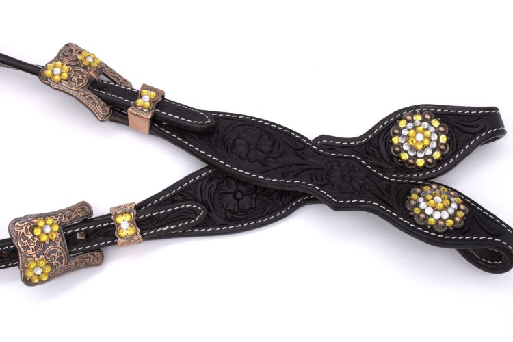 Scalloped końcówki policzka ogłowia western LpTrick SHOW — czarna skóra flower tooling, duże okrągłe conche żółto-białe kryształki, miedziane arabeska klamra — HorsePassion.pl