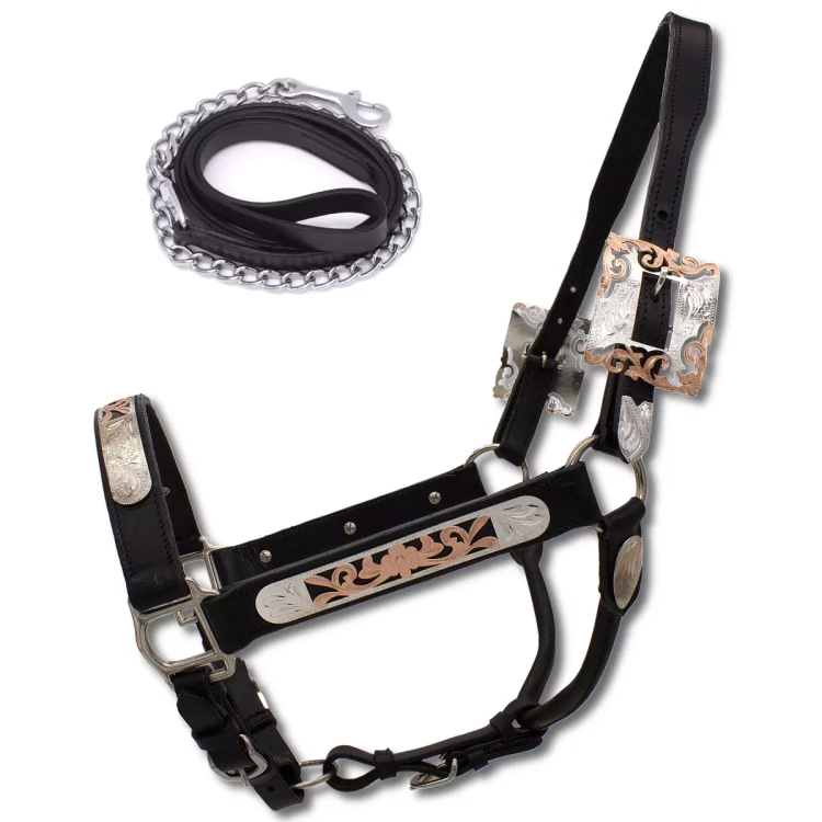 Show Halter skórzany LPTrick czarny z łańcuszkiem — zdobienia rosegold, wycinane klamry western, rozmiar AQH — HorsePassion.pl