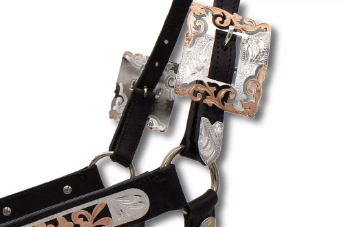 Show Halter LPTrick — zbliżenie dekoracyjnie wycinanych klamer z rosegold na czarnej skórze