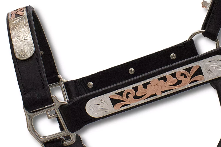 Show Halter LPTrick — płytka dekoracyjna rosegold z grawerunkiem floral na nachrapniku, czarna skóra