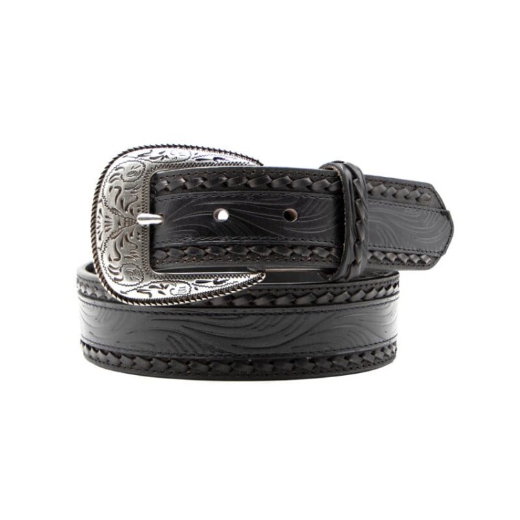 Pasek western Twisted X czarny — tłoczenie kwiatowe, warkoczowa krawędź, srebrna prostokątna klamra z grawerem, widok zwinięty