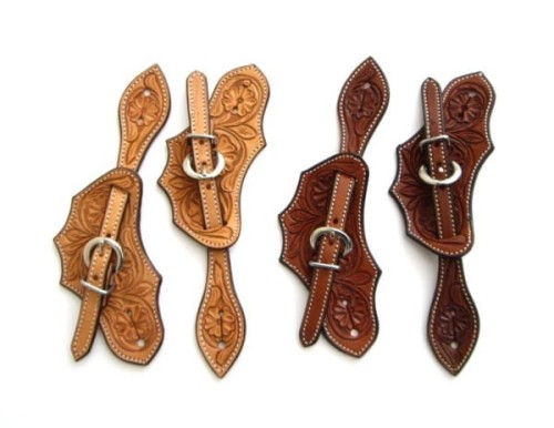 Paski do ostróg western flower — dekoracyjnie wycięte końcówki, flower tooling, kolor jasny tan i kasztan