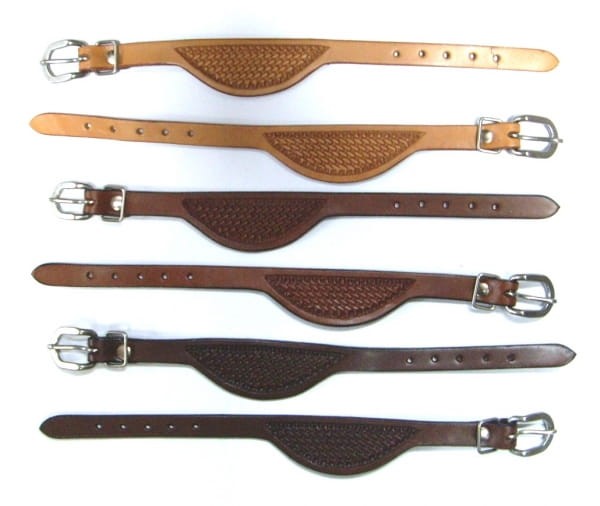 Paski do fenderów basket — trzy odcienie skóry naturalnej z tłoczeniem basket weave i metalową klamrą