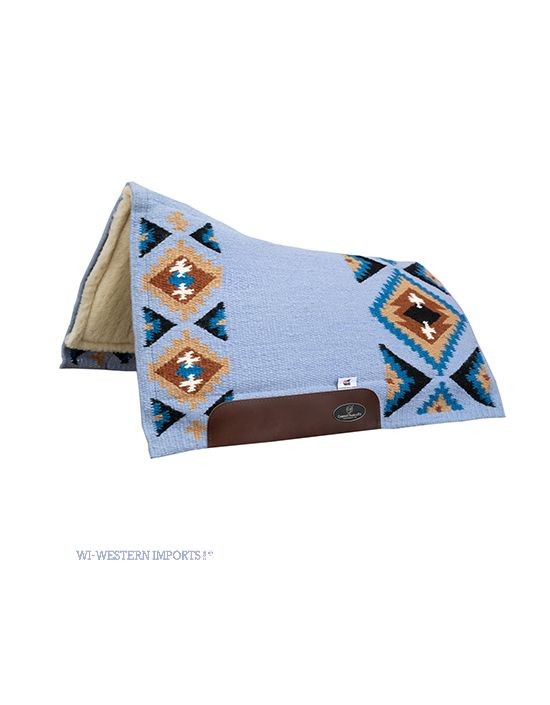 Pad western CSF Sonora Sky Western Imports — wzór aztecki sky blue, turkus, brąz, widoczne futro owcze od spodu