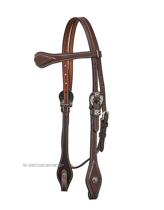 Ogłowie western Horseman's Tack dark oiled prosty naczółek — klamra orle skrzydła antyczny metal miedziany akcent, mała concha kwiatowa, białe przeszycia, rozmiar COB — HorsePassion.pl