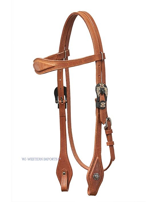 Ogłowie western Horseman's Tack harness natural prosty naczółek — klamra orle skrzydła czarny metal złoto, mała concha kwiatowa, białe przeszycia, rozmiar COB — HorsePassion.pl