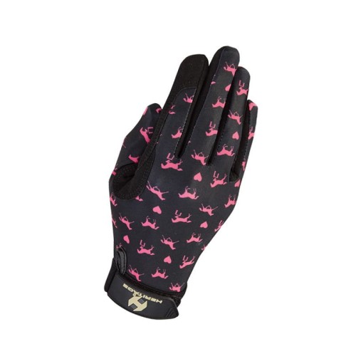 Rękawiczki jeździeckie Heritage czarne w różowe konie i serca Touch Screen — HorsePassion.pl