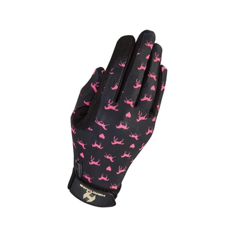Rękawiczki jeździeckie Heritage czarne w różowe konie i serca Touch Screen — HorsePassion.pl